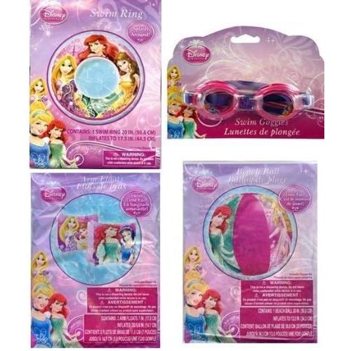 디즈니 Disney Princess 20 Beach Ball + Swim Ring + Arm Floats + Swim Goggles 4pc Set