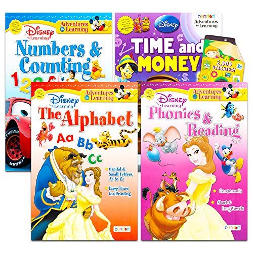 디즈니 Disney Workbooks Super Set Kindergarten First Grade Bundle of 4 Workbooks with Reward Stickers (Disney Alphabet, Reading, Time, Money, Phonics, and More)