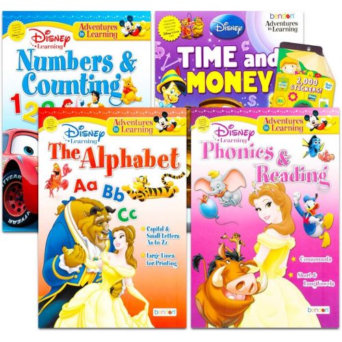 디즈니 Disney Workbooks Super Set Kindergarten First Grade Bundle of 4 Workbooks with Reward Stickers (Disney Alphabet, Reading, Time, Money, Phonics, and More)