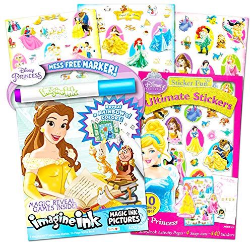 디즈니 Disney Princess Imagine Ink Book and Sticker Book Set (Bundle Includes 2 Books and Mess Free Marker)