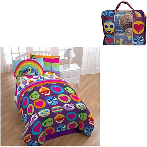 디즈니 Disney/PIXAR Inside Out 4 Piece Reversible Twin Bedding Set: Comforter, Fitted/Flat Sheets, Pillowcase & Bonus Tote