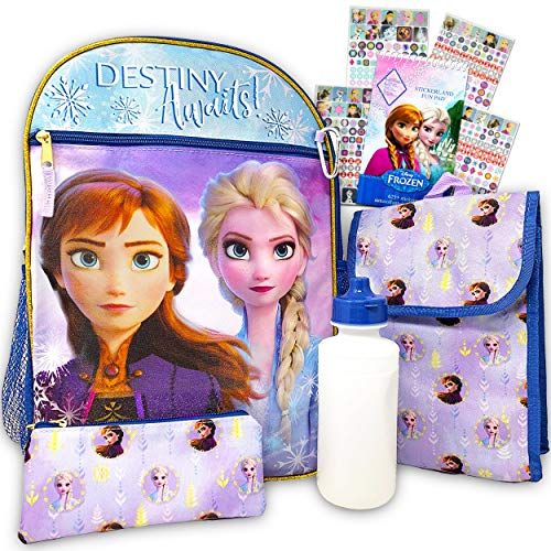 디즈니 Disney Frozen Backpack Set for Girls ~ 6 Pc Deluxe 16 Frozen Backpack with Lunch Bag, Water Bottle, Stickers and More (Frozen School Supplies)