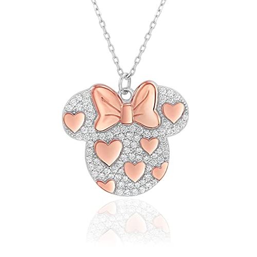 디즈니 Disney Minnie Mouse Cubic Zirconia Two Tone Sterling Silver Necklace, Pink Plated Accents, 18