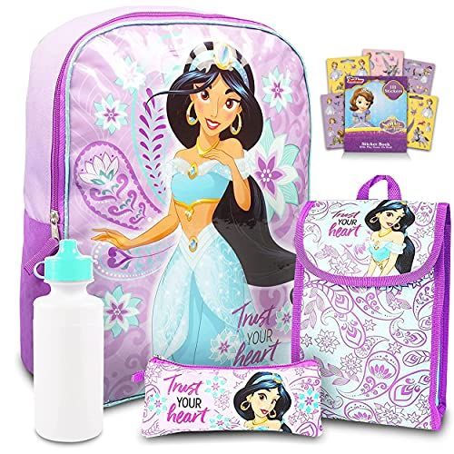 디즈니 Disney Princess Backpack 6 Pc Set with 16 Jasmine Backpack, Water Bottle, and More