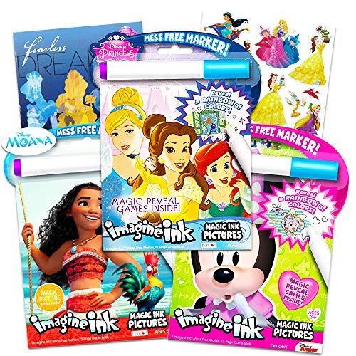 디즈니 Disney Princess Magic Ink Coloring Book Set Bundle of 3 Imagine Ink Books for Girls Kids Toddlers Featuring Disney Princess, Moana, and Minnie Mouse with Invisible Ink Pens and