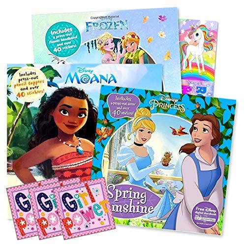 디즈니 Disney Moana Disney Activity Book Set with Stickers for Girls Featuring Moana, Disney Princess, Frozen, and More Bundle Includes Separately Licensed GWW Bookmark and Reward Sticker Set