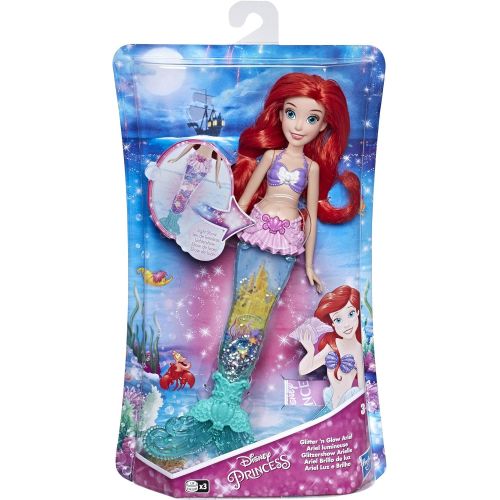 디즈니 Disney Princess Glitter n Glow Ariel Doll with Lights, Mermaid Tail with Water, Sparkles, and Seashells Inside, Toy for Kids and Fans of Disney Movies