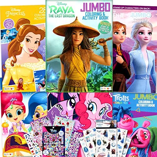 디즈니 Disney Junior Coloring Books Bulk Assortment for Girls Kids, Bundle Includes 6 Activity Books with Stickers Featuring Princess, Frozen, My Little Pony and Raya and The Last Drago