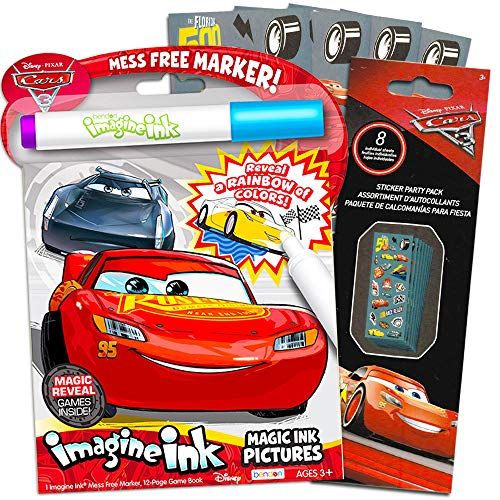 디즈니 Disney Cars Imagine Ink Coloring Book Set for Toddlers Kids Mess Free Coloring Book with Magic Invisible Ink Pen and Over 100 Disney Cars Stickers (No Mess Art)