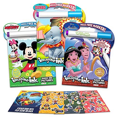 디즈니 Disney Coloring Book Imagine Ink Super Set ~ 3 No Mess Magic Ink Activity Books Featuring Aladdin, Mickey Mouse, and Dumbo with Disney Mickey Mouse Stickers