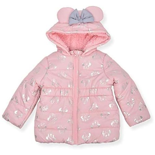 디즈니 Disney Girls Minnie Mouse Print Hooded Puffer Jacket with Ears and Bow