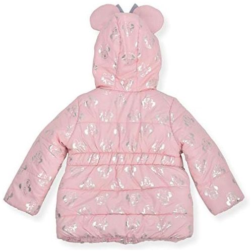 디즈니 Disney Girls Minnie Mouse Print Hooded Puffer Jacket with Ears and Bow