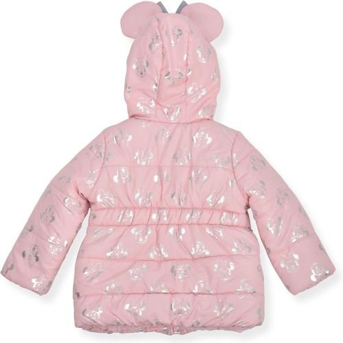 디즈니 Disney Girls Minnie Mouse Print Hooded Puffer Jacket with Ears and Bow