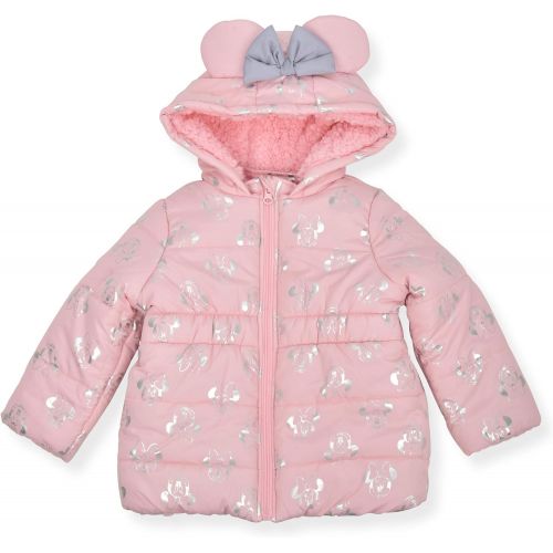 디즈니 Disney Girls Minnie Mouse Print Hooded Puffer Jacket with Ears and Bow