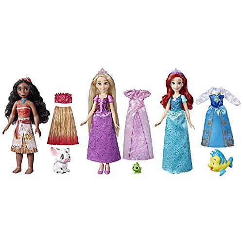 디즈니 Disney Princess Royal Fashions and Friends, Fashion Doll 3-Pack, Ariel, Moana, and Rapunzel, Toy for Girls 3 Years and Up