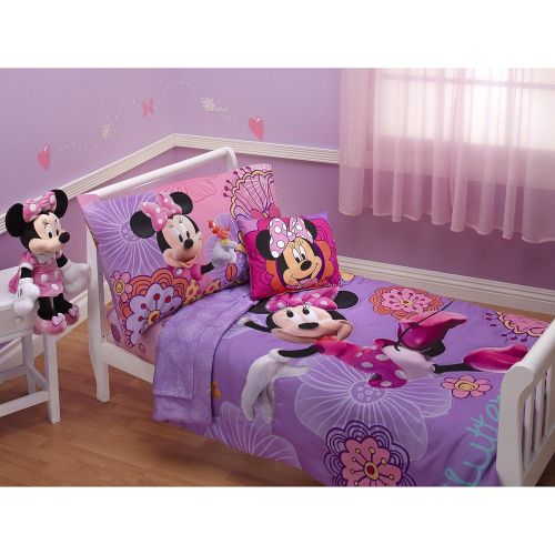 디즈니 Disney 4 Piece Minnies Fluttery Friends Toddler Bedding Set, Lavender