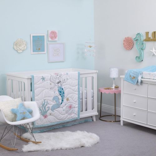 디즈니 Disney Ariel Sea Princess 3 Piece Crib Bedding Set, BlueWhiteGoldPink