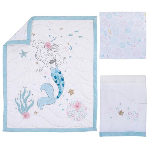 디즈니 Disney Ariel Sea Princess 3 Piece Crib Bedding Set, BlueWhiteGoldPink