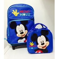 Disney Mickey Mouse Rolling Backpack with Detachable Wheeled Trolley- 16 Large Blue & Disney Mickey Mouse Lunch Box Bag with Shoulder Strap and Water Bottle - BLUE