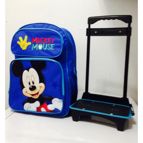 디즈니 Disney Mickey Mouse Rolling Backpack with Detachable Wheeled Trolley- 16 Large Blue & Disney Mickey Mouse Lunch Box Bag with Shoulder Strap and Water Bottle - BLUE