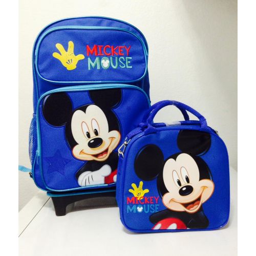 디즈니 Disney Mickey Mouse Rolling Backpack with Detachable Wheeled Trolley- 16 Large Blue & Disney Mickey Mouse Lunch Box Bag with Shoulder Strap and Water Bottle - BLUE