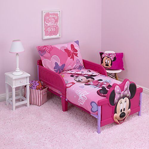 디즈니 Disney Minnie Hearts & Bows 4-Piece Toddler Set,fits, Standard Toddler Mattress (52 x 28 x 8)