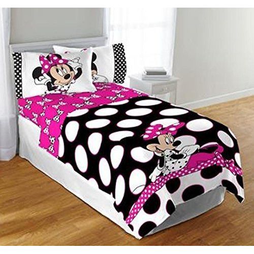 디즈니 Disney Minnie Mouse Twin or Full Black & Pink Polka dot Comforter Bedspread