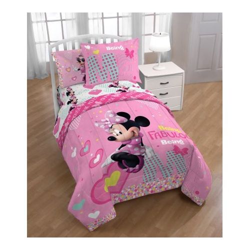디즈니 Disney Minnie Mouse 7-Piece Full Pink Hearts Comforter and Sheet Set Bedding Collection with Blankets, Pillowcases, Sham and Coloring and Activity Book, 2018