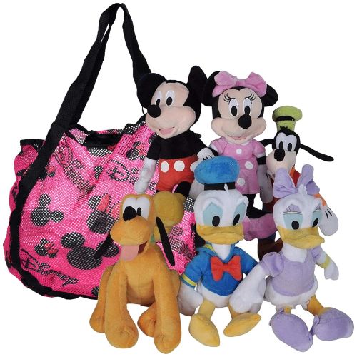디즈니 Disney 11 Plush Mickey Minnie Mouse Donald Daisy Duck Goofy Pluto 6-Pack with Tote Bag (Pink Mesh Tote)