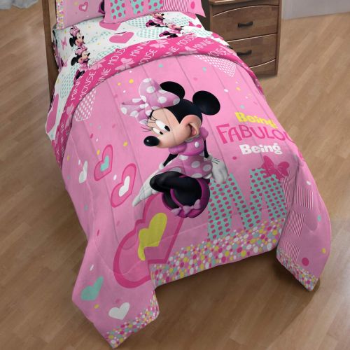 디즈니 TN 2 Piece Kids Girls White Pink Minnie Mouse Comforter Twin/Full Set, Disney Black Girl Mickey Mouse Bedding Mini Polka Dot Bow Hearts Plaid Teal Blue Yellow, Polyester