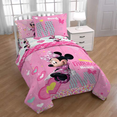 디즈니 TN 2 Piece Kids Girls White Pink Minnie Mouse Comforter Twin/Full Set, Disney Black Girl Mickey Mouse Bedding Mini Polka Dot Bow Hearts Plaid Teal Blue Yellow, Polyester