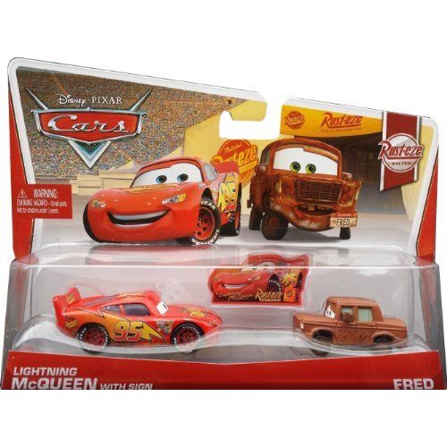  Disney Cars Toys Disney/Pixar Cars, Rust Eze Racing Die Cast, Lightning McQueen with Sign and Fred #5,6/8, 1:55 Scale