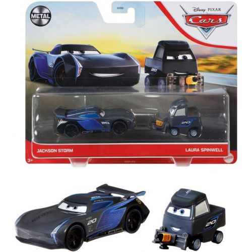  Disney Cars Toys and Pixar Cars 3, Jackson Storm & Laura Spinwell 2 Pack, 1:55 Scale Die Cast Fan Favorite Character Vehicles for Racing and Storytelling Fun, Gift for Kids Age 3 a