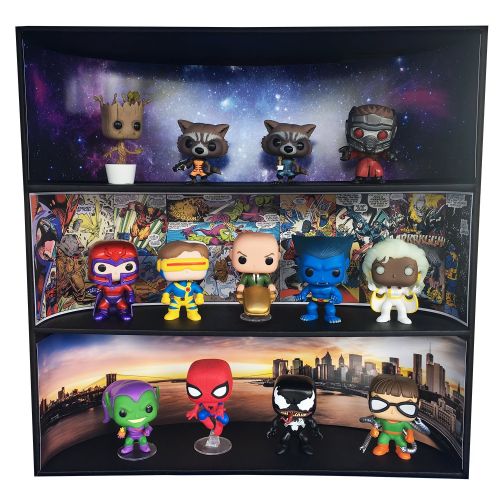  Display Geek, Inc. 1 Display Geek Stackable Toy Shelf for 4 in. Vinyl Collectibles with 3 Backdrop Inserts, Black Corrugated Cardboard