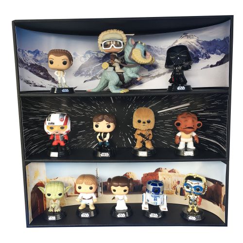  Display Geek, Inc. 1 Display Geek Stackable Toy Shelf for 4 in. Vinyl Collectibles with 3 Backdrop Inserts, Black Corrugated Cardboard