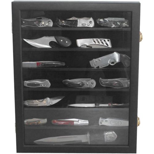  DisplayGifts Knife Display Case Pocket Knife Display Stand Military Folding Knife Shadow Box Wall Cabinet with UV Protection Glass Door Lockable, Great Way to Store and Display, Bl