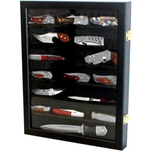  DisplayGifts Knife Display Case Pocket Knife Display Stand Military Folding Knife Shadow Box Wall Cabinet with UV Protection Glass Door Lockable, Great Way to Store and Display, Bl