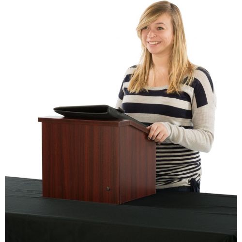  Displays2go 12.6 Inch H Tabletop Portable Podium, Folding, Angled Surface with Lip, Storage Area, Mahogany (LCTFLDNGOM)