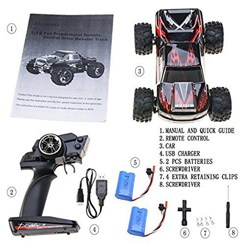  Distianert 1:18 Scale Electric RC Car Off Road 4WD High Speed 2.4Ghz Radio Control Monster Truck Rock Off-Road Vehicle Buggy Hobby with with 2 Rechargeable Batteries