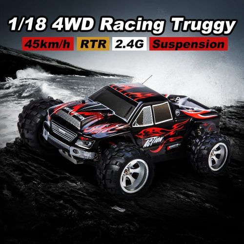  Distianert 1:18 Scale Electric RC Car Off Road 4WD High Speed 2.4Ghz Radio Control Monster Truck Rock Off-Road Vehicle Buggy Hobby with with 2 Rechargeable Batteries