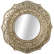 Diva At Home White and Brown Galvanized Distressed Embossed Round Medallion Wall Mirror 36