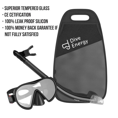  Dive Energy Adult Dry Snorkel Set - Anti-Fogging Protection & Tempered Glass - Clear View Scuba Diving Mask and Easy Breathing No Leaks Snorkel + Carry Bag