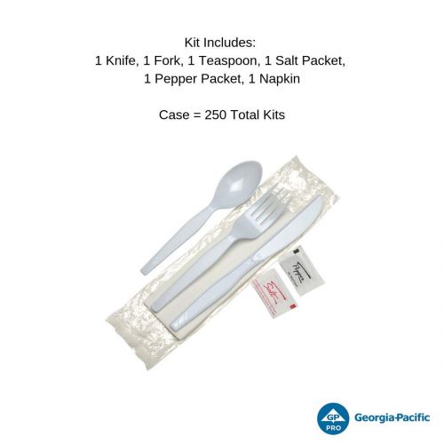  Dixie Wrapped Medium-Weight Polystyrene Plastic Fork, Knife, Teaspoon, Napkin, Salt And Pepper, Cutlery Kit by GP PRO (Georgia-Pacific), Whte, CM26NSPC7,(Case of 250 Kits)