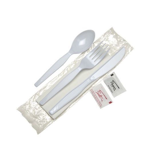  Dixie Wrapped Medium-Weight Polystyrene Plastic Fork, Knife, Teaspoon, Napkin, Salt And Pepper, Cutlery Kit by GP PRO (Georgia-Pacific), Whte, CM26NSPC7,(Case of 250 Kits)