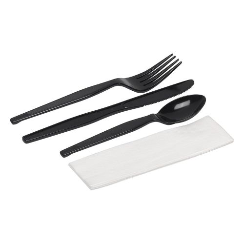  Dixie Individually Wrapped 4-Piece Heavy-Weight Polystyrene Plastic Fork, Knife, Teaspoon, And Napkin Cutlery Kit by GP PRO (Georgia-Pacific), Black, CHN56C7, (Case of 250 Kits)