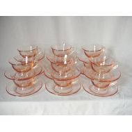 DixieAntiques Set of 12 Pink Depression Glass Cups and Saucers Home and Garden Kitchen and Dining Serveware Tableware Coffee and Tea Cups and Saucers