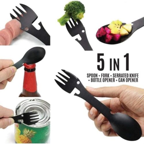  Diyeeni Multifunction Spoon Fork,5 in 1 Portable Stainless steel SpoonSpoon/Fork/Bottle Opener/Can Opener/Cutter,Cookware Spoon Fork for Camping ,Hiking