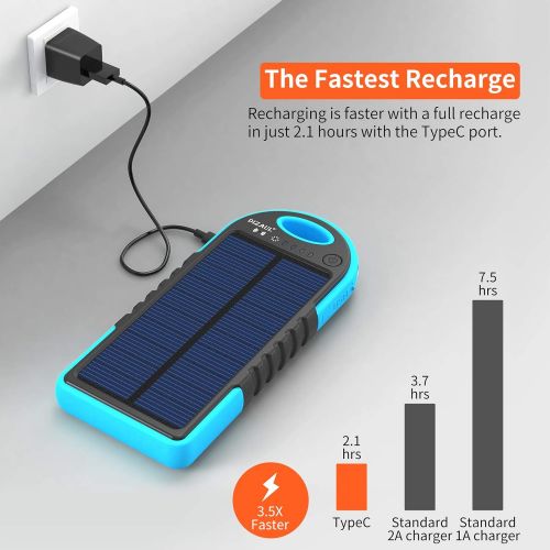  Dizaul Solar Charger, 5000mAh Portable Solar Power Bank Waterproof/Shockproof/Dustproof Dual USB Battery Bank Compatible with All Smartphones,iPhone,Samsung,Android Phones,Windows