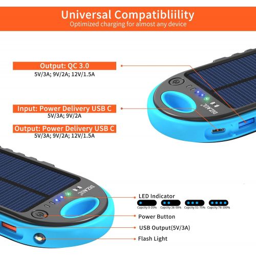  Dizaul Solar Charger, 5000mAh Portable Solar Power Bank Waterproof/Shockproof/Dustproof Dual USB Battery Bank Compatible with All Smartphones,iPhone,Samsung,Android Phones,Windows