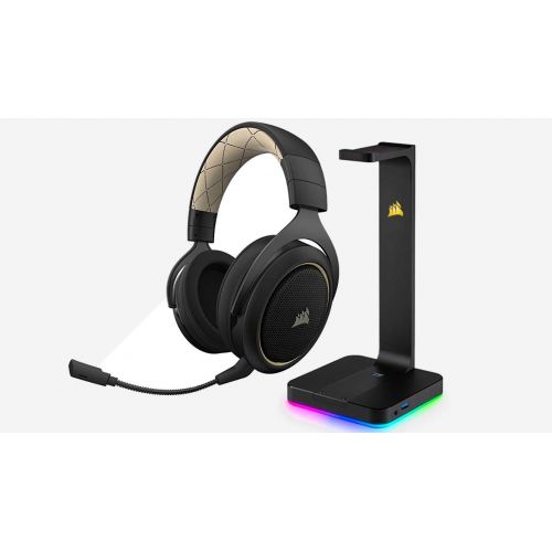 커세어 CORSAIR HS70 SE WIRELESS Gaming Headset, Cream and CORSAIR ST100 RGB - Premium RGB Gaming Headset Stand with 7.1 Surround Sound Headphone Audio  - 3.5mm jack and 2x USB 3.1 po